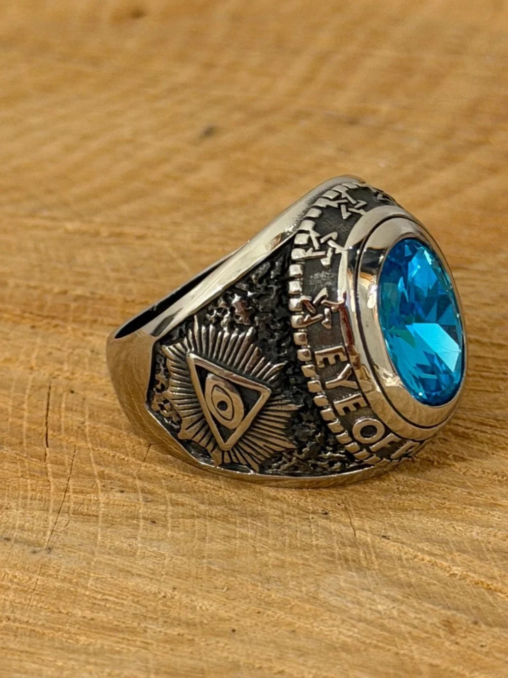 Men's Silver-Tone Ring with Bright Blue Gem and Ram Accent